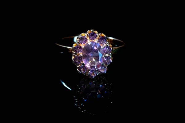Beautiful Golden Ring Purple Gemstone Isolated Black Background — Stock Photo, Image
