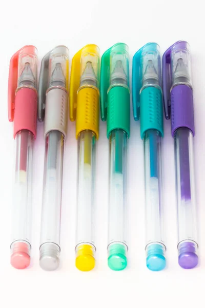 Set Color Plastic Gel Pens Metallic Colors Isolated White Background — Stock Photo, Image