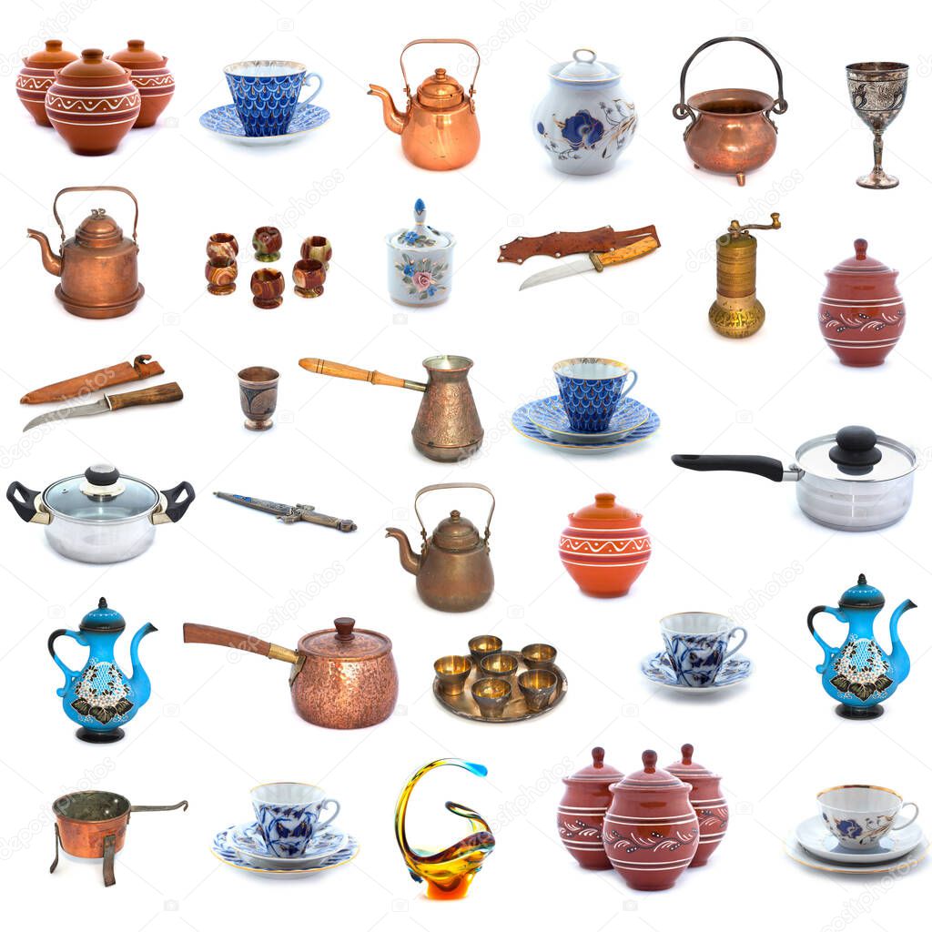 Collection of different dishes and tools on white background. Full size.