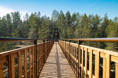 Kouvola, Finlandiya - 27 Mart 2020: Finlandiya 'nın Repovesi kentinde Lapinsalmi Gölü üzerinde yeni köprü