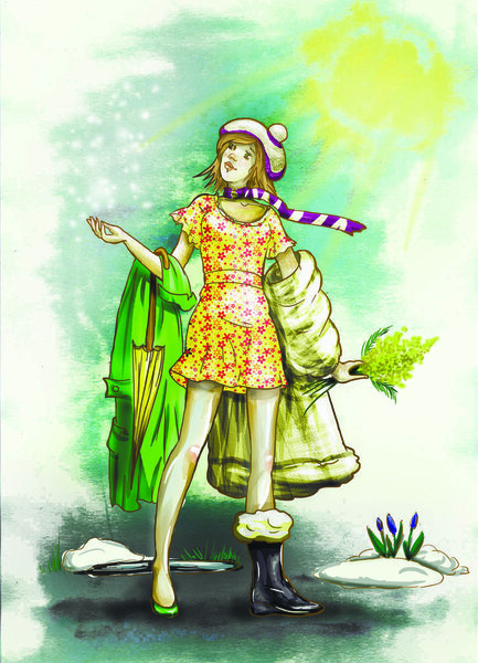 Girl and weather. Colorful illustration. March. Spring.