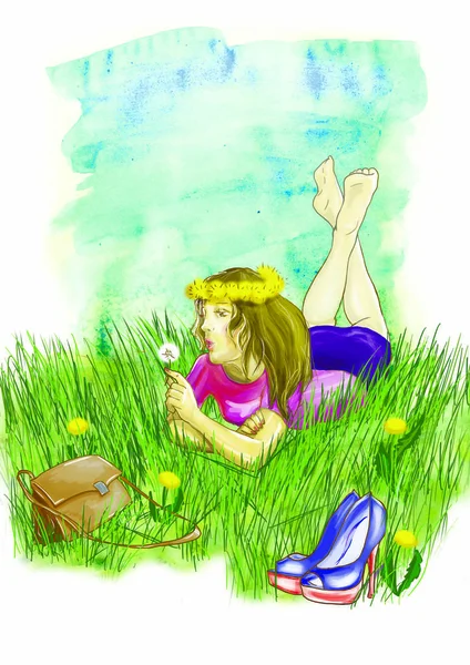 Girl in the grass. Colorful illustration. June. Summer.