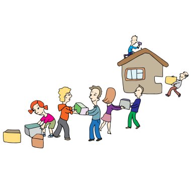 İşbirliği, vektör, kadın, erkek, takım çalışması, birlikte, insanlar iş adamları, puzzle, ev, Bina, inşaatçılar
