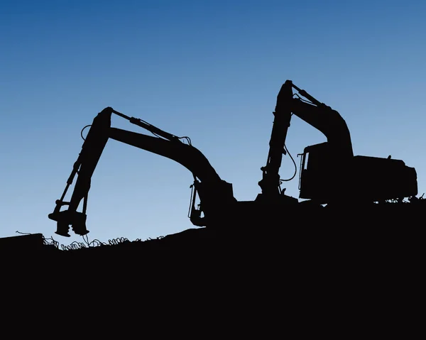 Carregadores de escavadeiras, tratores e trabalhadores escavando no local de construção industrial ilustração de fundo vetorial — Vetor de Stock