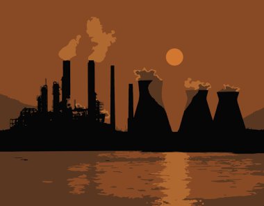 Gün batımı veya şehrin üzerinde gündoğumu. Turuncu ışık. Boru duman. Nükleer enerji santrali, Isıtma tesisi. Vektör.