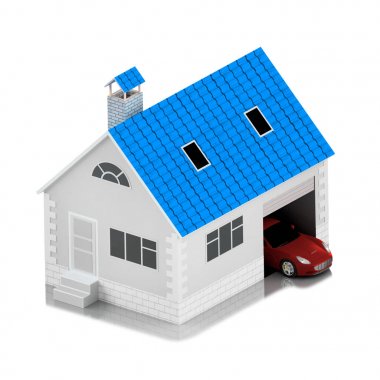 Sigorta ev, ev, hayat, oto koruma. Ev ve aile simge için araba satın alma. İnsanları kavramları korumak. 3D çizim. Bankanın web sitesine simge. Kırmızı araba.