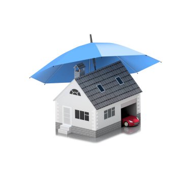 Sigorta ev, ev, hayat, oto koruma. Ev ve aile simge için araba satın alma. İnsanları kavramları korumak. 3D çizim. Bankanın web sitesine simge. Kırmızı araba.