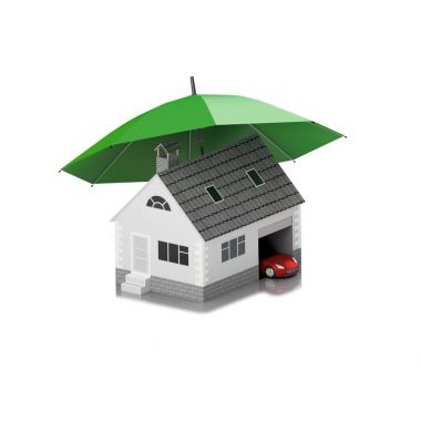 Sigorta ev, ev, hayat, oto koruma. Ev ve aile simge için araba satın alma. İnsanları kavramları korumak. 3D çizim. Bankanın web sitesine simge. Kırmızı araba.