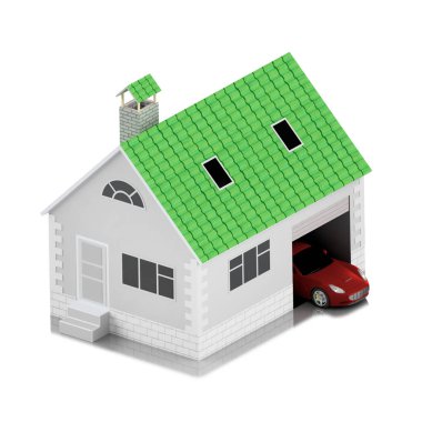 Sigorta ev, ev, hayat, oto koruma. Ev ve aile simge için araba satın alma. İnsanları kavramları korumak. 3D çizim. Bankanın web sitesine simge. Kırmızı araba.