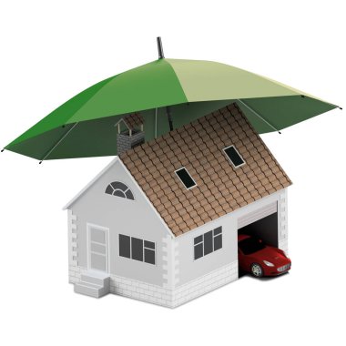 Sigorta ev, ev, hayat, oto koruma. Ev ve aile simge için araba satın alma. İnsanları kavramları korumak. 3D çizim. Bankanın web sitesine simge. Ev ve araba mavi şemsiyesi altında.