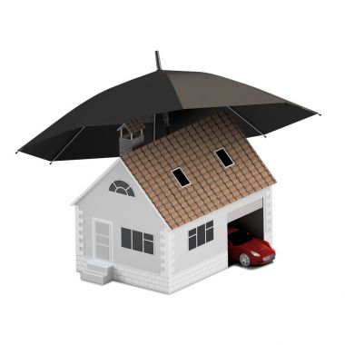 Sigorta ev, ev, hayat, oto koruma. Ev ve aile simge için araba satın alma. İnsanları kavramları korumak. 3D çizim. Bankanın web sitesine simge. Ev ve araba mavi şemsiyesi altında.