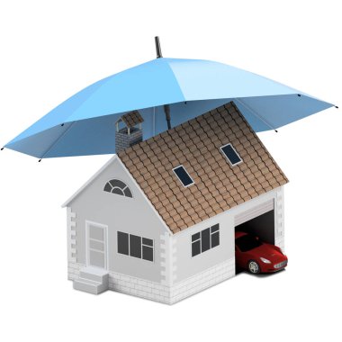 Sigorta ev, ev, hayat, oto koruma. Ev ve aile simge için araba satın alma. İnsanları kavramları korumak. 3D çizim. Bankanın web sitesine simge. Ev ve araba mavi şemsiyesi altında.