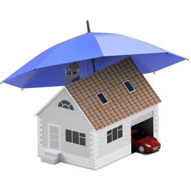 Sigorta ev, ev, hayat, oto koruma. Ev ve aile simge için araba satın alma. İnsanları kavramları korumak. 3D çizim. Bankanın web sitesine simge. Ev ve araba mavi şemsiyesi altında.
