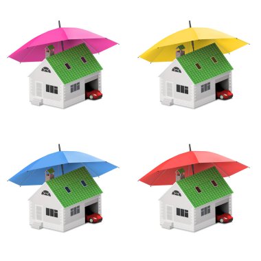 Sigorta ev, ev, hayat, oto koruma. Ev ve aile simge için araba satın alma. İnsanları korumak. Kavramları. 3D çizim. Bankanın web sitesine simge. Ev ve araba şemsiyesi altında. Simgeler paketi