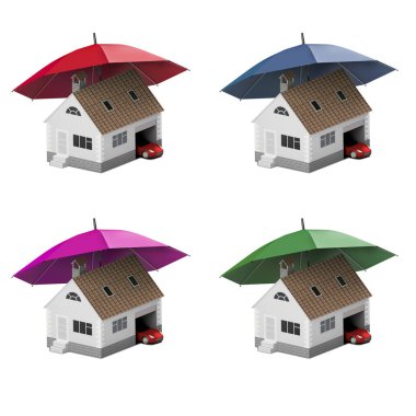 Sigorta ev, ev, hayat, oto koruma. Ev ve aile simge için araba satın alma. İnsanları korumak. Kavramları. 3D çizim. Bankanın web sitesine simge. Ev ve araba şemsiyesi altında. Simgeler paketi