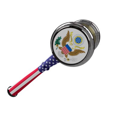 Çekiç, bayrak ve İngiltere amblemi yargıç. 3D çizim. Beyaz arka plan üzerinde izole.