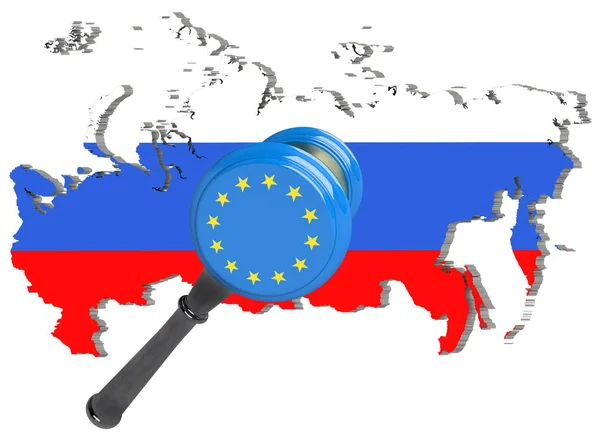 Karta över Ryssland. EU: S sanktioner mot Ryssland. Domare hammare Europeiska unionen, flaggan och emblemet. 3D illustration. Isolerad på vit bakgrund. — Stockfoto