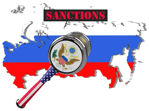 Juiz martelo, União Europeia e Estados Unidos da América sanções contra a Rússia, bandeira e emblema. Ilustração 3d. Isolado sobre fundo branco . — Fotografia de Stock