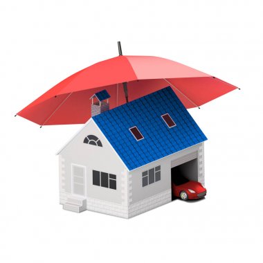 Sigorta ev, ev, hayat, oto koruma. Ev ve aile simge için araba satın alma. İnsanları kavramları korumak. 3D çizim. Bankanın web sitesine simge. Kırmızı şemsiye altında kırmızı araba.