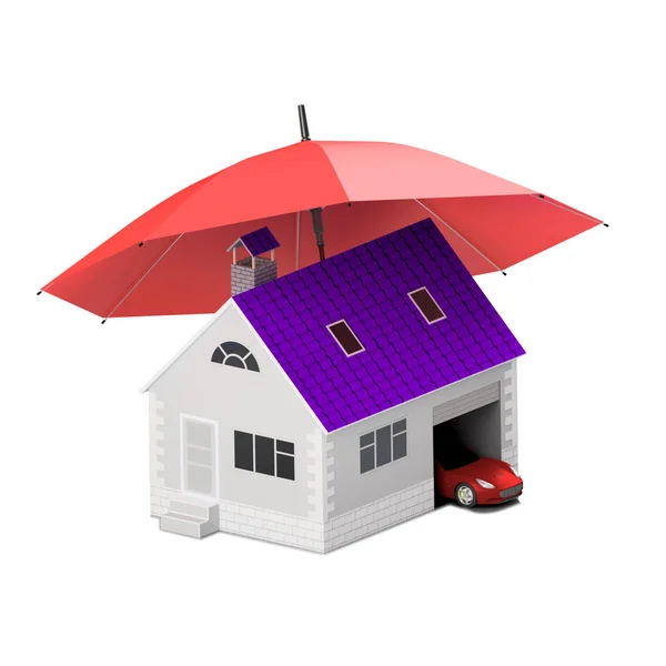 Insurance home, house, life, car protection. Buying house and car for family icon. Protect people Concepts. 3D illustration. Icon for the web site of the bank. Red car under red umbrella. — Stock Photo, Image