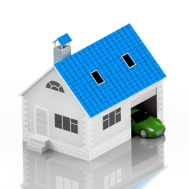 Sigorta ev, ev, hayat, oto koruma. Ev ve aile simge için araba satın alma. İnsanları kavramları korumak. 3D çizim. Bankanın web sitesine simge. Turuncu araba. Yansıma