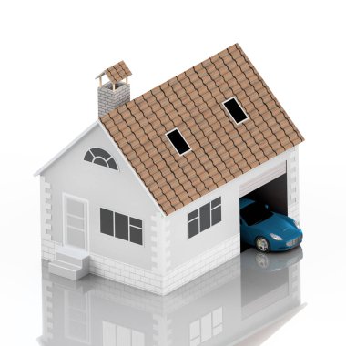 Sigorta ev, ev, hayat, oto koruma. Ev ve aile simge için araba satın alma. İnsanları kavramları korumak. 3D çizim. Bankanın web sitesine simge. Turuncu araba. Yansıma