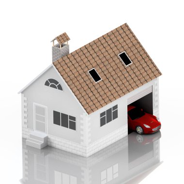 Sigorta ev, ev, hayat, oto koruma. Ev ve aile simge için araba satın alma. İnsanları kavramları korumak. 3D çizim. Bankanın web sitesine simge. Turuncu araba. Yansıma