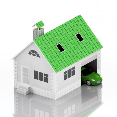 Sigorta ev, ev, hayat, oto koruma. Ev ve aile simge için araba satın alma. İnsanları kavramları korumak. 3D çizim. Bankanın web sitesine simge. Turuncu araba. Yansıma