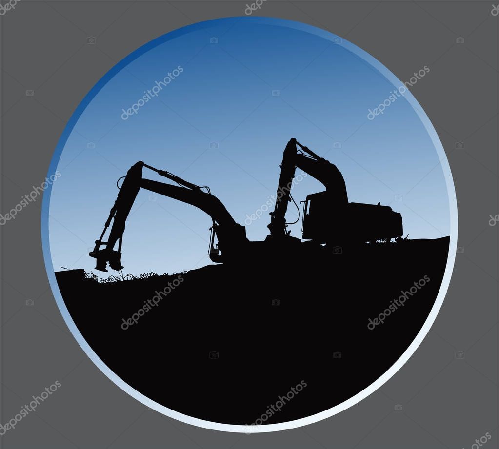 Excavator loaders, tractors and workers digging at industrial construction site vector background illustration