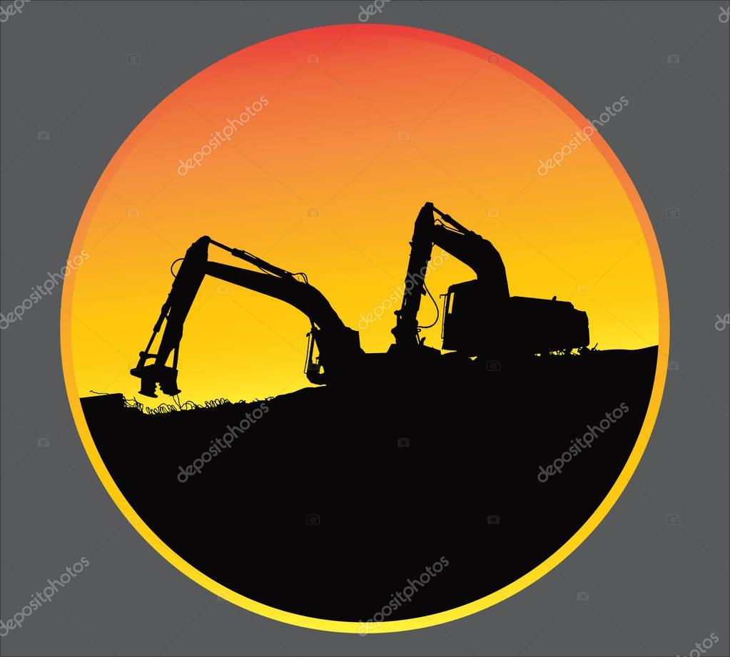 Excavator loaders, tractors and workers digging at industrial construction site vector background illustration
