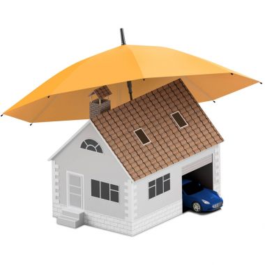Sigorta ev, ev, hayat, oto koruma. Ev ve aile simge için araba satın alma. İnsanları kavramları korumak. 3D çizim. Bankanın web sitesine simge. Spor araba turuncu şemsiyesi altında. Sigorta ev, ev, hayat, oto koruma. Ev satın almak 