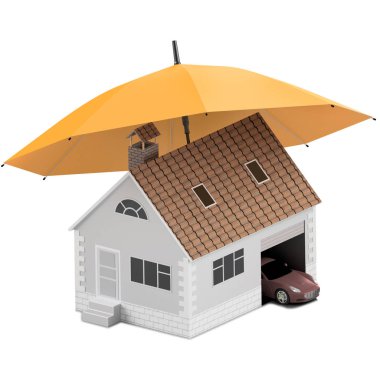 Sigorta ev, ev, hayat, oto koruma. Ev ve aile simge için araba satın alma. İnsanları kavramları korumak. 3D çizim. Bankanın web sitesine simge. Spor araba turuncu şemsiyesi altında. Sigorta ev, ev, hayat, oto koruma. Ev satın almak 