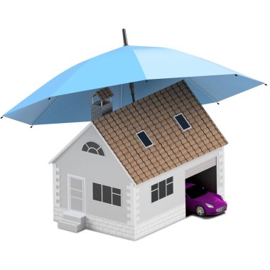 Sigorta ev, ev, hayat, oto koruma. Ev ve aile simge için araba satın alma. İnsanları kavramları korumak. 3D çizim. Bankanın web sitesine simge. Spor araba mavi şemsiyesi altında.