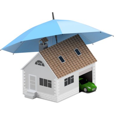 Sigorta ev, ev, hayat, oto koruma. Ev ve aile simge için araba satın alma. İnsanları kavramları korumak. 3D çizim. Bankanın web sitesine simge. Spor araba mavi şemsiyesi altında.