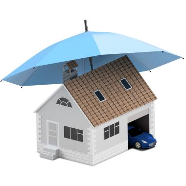 Sigorta ev, ev, hayat, oto koruma. Ev ve aile simge için araba satın alma. İnsanları kavramları korumak. 3D çizim. Bankanın web sitesine simge. Spor araba mavi şemsiyesi altında.