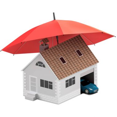 Sigorta ev, ev, hayat, oto koruma. Ev ve aile simge için araba satın alma. İnsanları kavramları korumak. 3D çizim. Bankanın web sitesine simge. Spor araba kırmızı şemsiye altında.