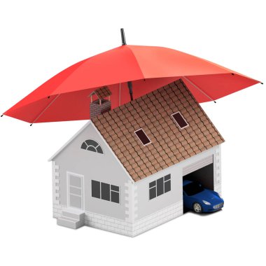 Sigorta ev, ev, hayat, oto koruma. Ev ve aile simge için araba satın alma. İnsanları kavramları korumak. 3D çizim. Bankanın web sitesine simge. Spor araba kırmızı şemsiye altında.