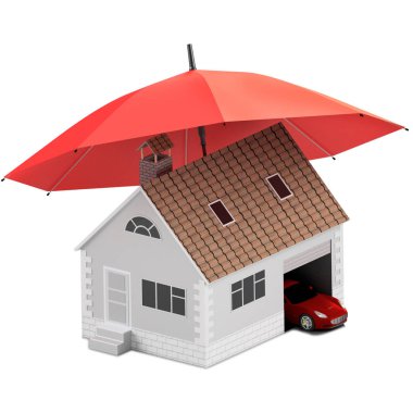 Sigorta ev, ev, hayat, oto koruma. Ev ve aile simge için araba satın alma. İnsanları kavramları korumak. 3D çizim. Bankanın web sitesine simge. Spor araba kırmızı şemsiye altında.