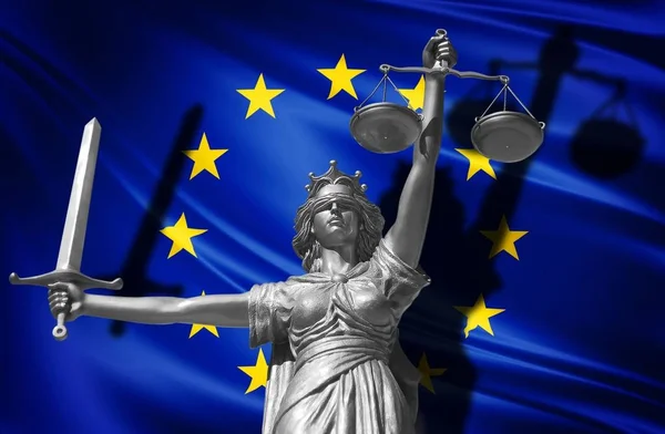 Sobre Ley Estatua Dios Justicia Themis Flag European Union Background — Foto de Stock