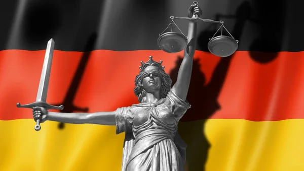 Sobre Ley Estatua Dios Justicia Themis Con Bandera Alemania Antecedentes —  Fotos de Stock