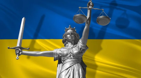 Покрытие Законе Статуя Бога Правосудия Фемиды Флагом Украины Фона Первоначальная — стоковое фото