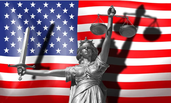 Cover about Law. Statue of god of justice Themis with Flag of US — Stock Photo, Image