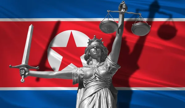 Cobertura Sobre Direito Estátua Deus Justiça Themis Com Bandeira Coreia — Fotografia de Stock