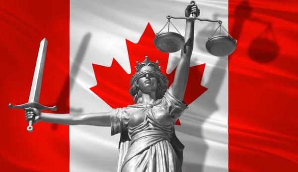Cover about Law. Statue of god of justice Themis with Flag of Canada background. Original Statue of Justice. Femida, with scale, symbol of justice with Canada flag 3d rendering.