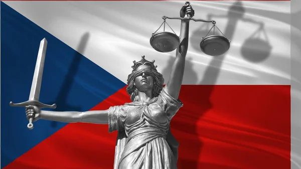 Cover about Law. Statue of god of justice Themis with Flag of Czech Republic background. Original Statue of Justice. Femida, with scale, symbol of justice with Czech Republic flag 3d rendering.