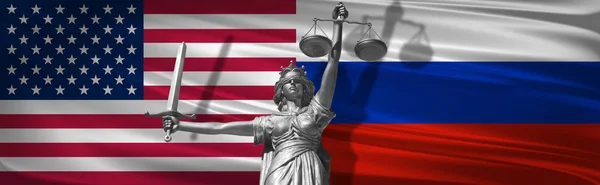 Sobre Ley Estatua Dios Justicia Themis Con Banderas Rusia Antecedentes — Foto de Stock