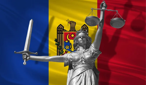 Покриття Про Права Статуя Бога Правосуддя Феміди Фоном Прапор Молдови — стокове фото