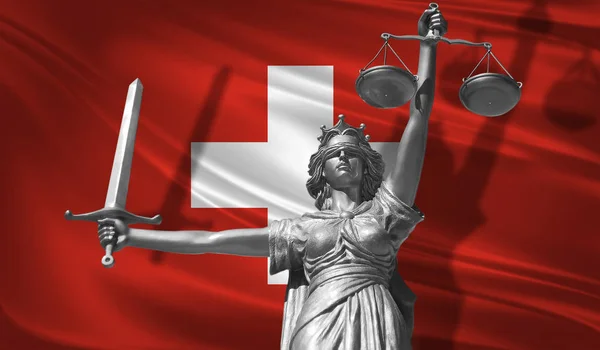 Sobre Ley Estatua Dios Justicia Themis Flag Switzerland Background Estatua —  Fotos de Stock