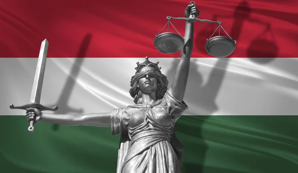 Cover about Law. Statue of god of justice Themis with Flag of Hungary background. Original Statue of Justice. Femida, with scale, symbol of justice with Hungary flag,3d rendering.