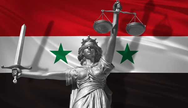 Cover about Law. Statue of god of justice Themis with Flag of Syria background. Original Statue of Justice. Femida, with scale, symbol of justice with waving Syria flag, 3d rendering.
